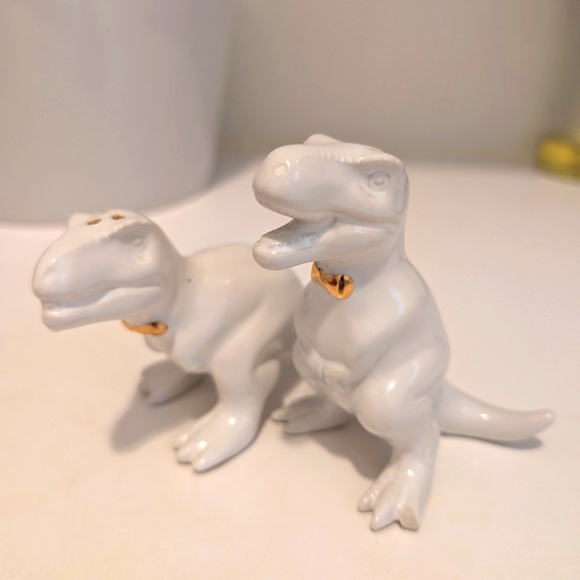 T-Rex Dinosaur Salt And Pepper Shakers White Gold Bow Target Retired - Picture 1 of 5